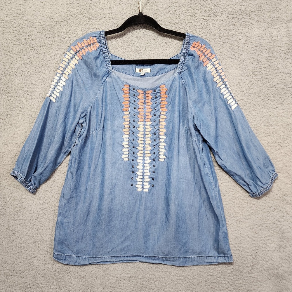 Kut from the Kloth Women's Denim Blouse Size Medium Peasant Embroidered Beaded‎